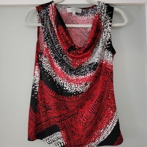 Cowl neck red blouse.